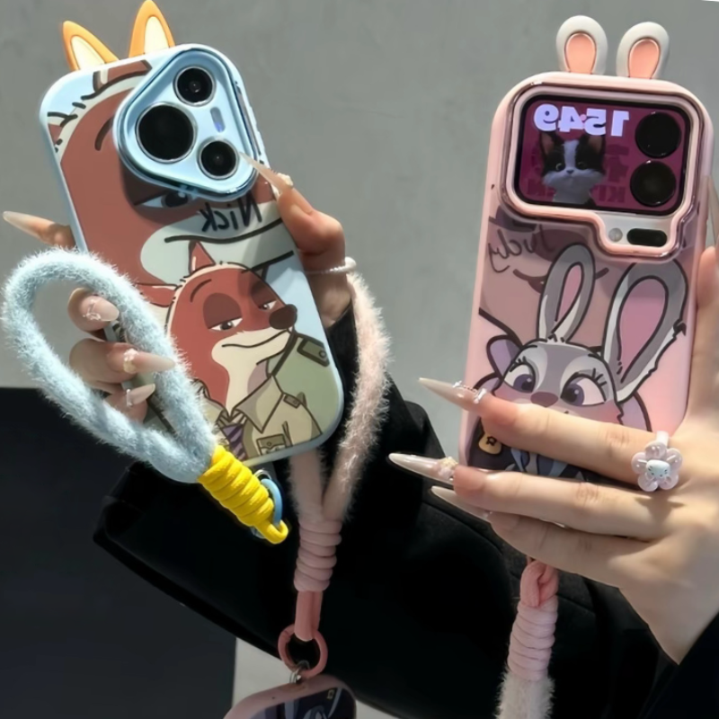 Cute Rabbit Fox Plush Lanyard Rope Cartoon Phone Case For All iPhone 17 Air Pro Max 16 Pro 15 14 13 12 11 Plus Cute Zootop Animals