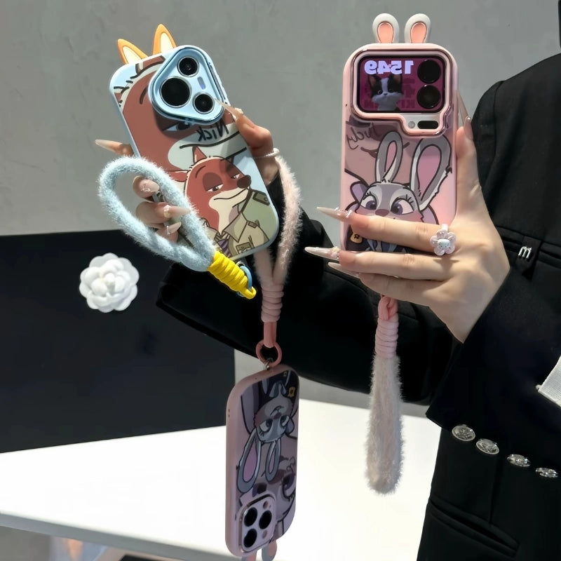 Cute Rabbit Fox Plush Lanyard Rope Cartoon Phone Case For All iPhone 17 Air Pro Max 16 Pro 15 14 13 12 11 Plus Cute Zootop Animals