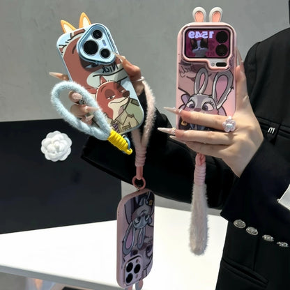 Cute Rabbit Fox Plush Lanyard Rope Cartoon Phone Case For All iPhone 17 Air Pro Max 16 Pro 15 14 13 12 11 Plus Cute Zootop Animals