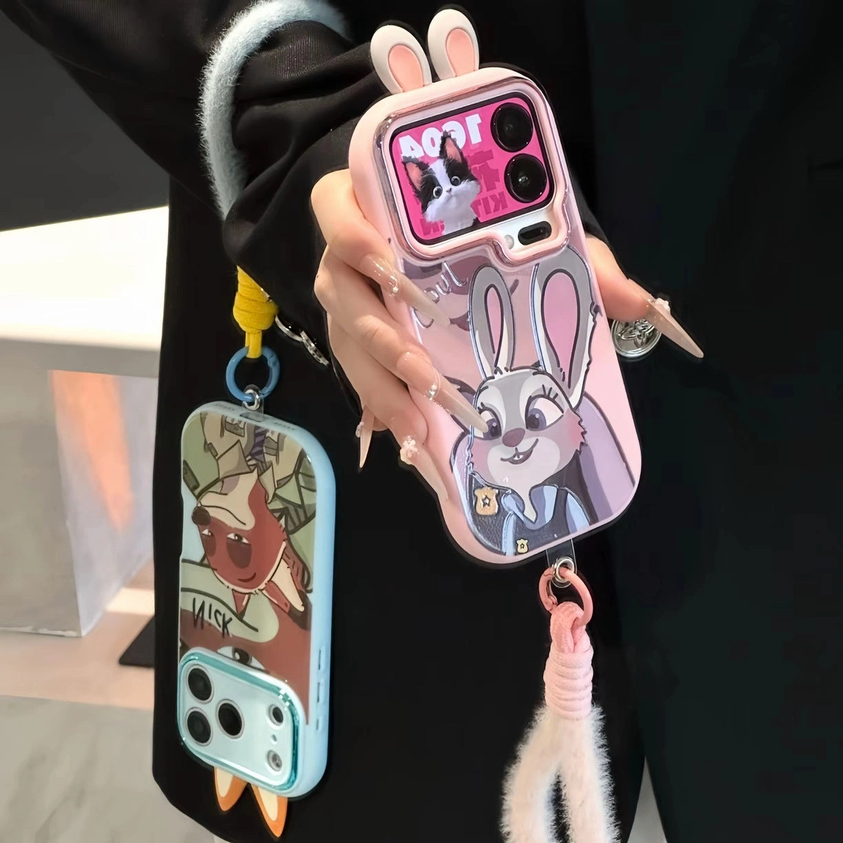 Cute Rabbit Fox Plush Lanyard Rope Cartoon Phone Case For All iPhone 17 Air Pro Max 16 Pro 15 14 13 12 11 Plus Cute Zootop Animals