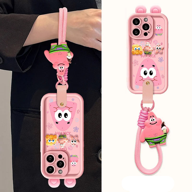 Pink cartoon phone case with lanyard and character designs on a white background