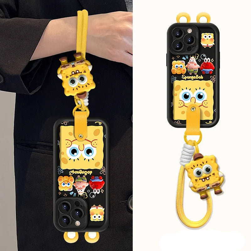 Phone case with SpongeBob design and lanyard attachment on a plain background