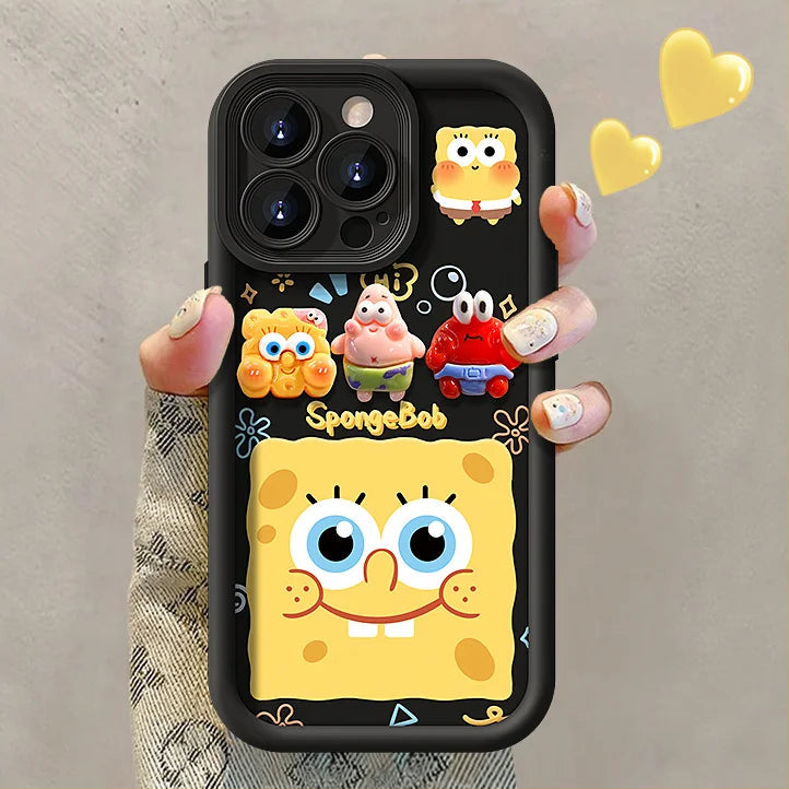 Phone case with SpongeBob SquarePants design held by a hand on a gray background
