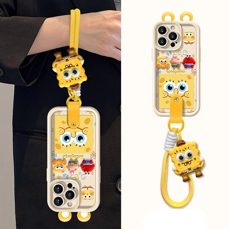 Phone case with SpongeBob design and lanyard attachment on a plain background