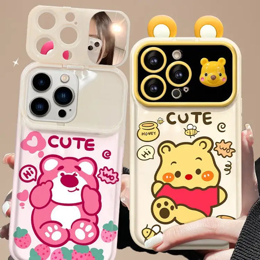 Cute Strawberry Bear Pooh Honey Mirror Phone Case For iPhone With Bracelet