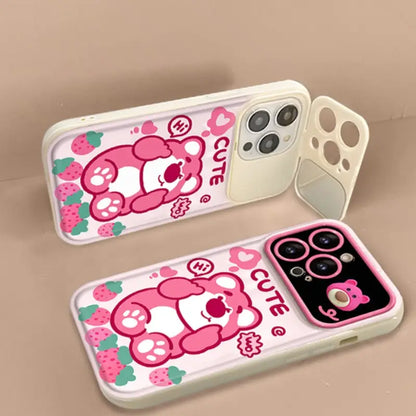 Cute Strawberry Bear Pooh Honey Mirror Phone Case For iPhone With Bracelet