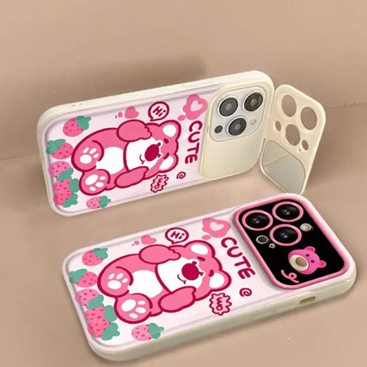 Cute Strawberry Bear Pooh Honey Mirror Phone Case For iPhone With Bracelet