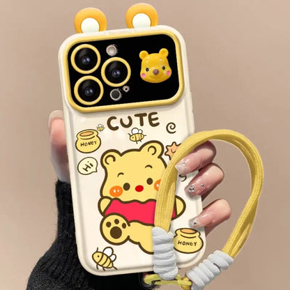 Cute Strawberry Bear Pooh Honey Mirror Phone Case For iPhone With Bracelet