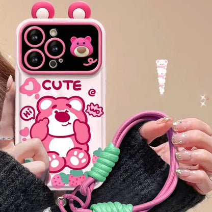 Cute Strawberry Bear Pooh Honey Mirror Phone Case For iPhone With Bracelet