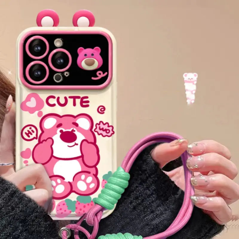 Cute Strawberry Bear Pooh Honey Mirror Phone Case For iPhone With Bracelet