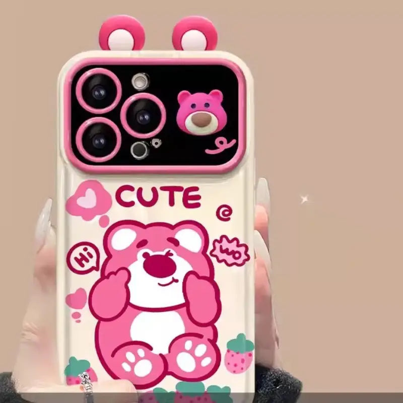Cute Strawberry Bear Pooh Honey Mirror Phone Case For iPhone With Bracelet