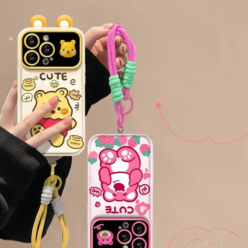 Cute Strawberry Bear Pooh Honey Mirror Phone Case For iPhone With Bracelet