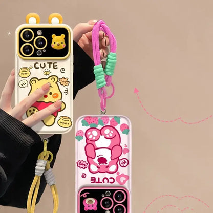 Cute Strawberry Bear Pooh Honey Mirror Phone Case For iPhone With Bracelet