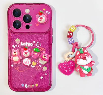 Sparkling Strawberry Bear flip phone case with mirror and stand