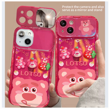Strawberry Bear Flip Phone Case with Mirror and Stand