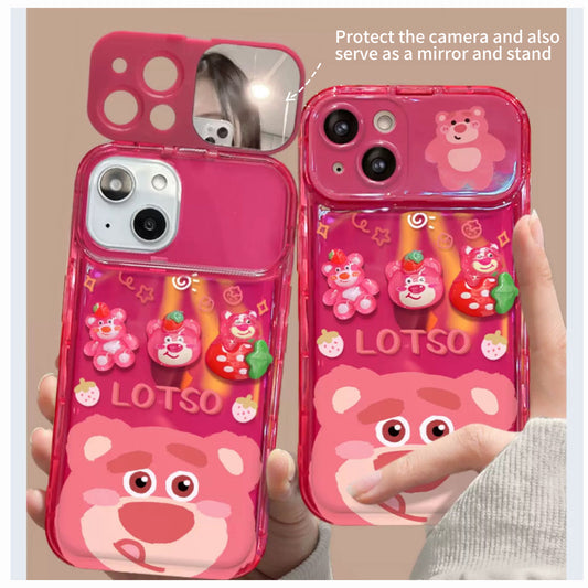Strawberry Bear Flip Phone Case with Mirror and Stand