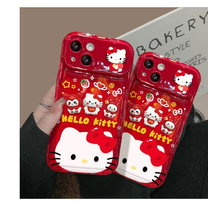 3D red Kitty Kuromi flip phone case with mirror and stand.