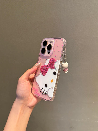 Kitty Pink Polka Dot Bow Rhinestone Clear Cute Kawaii Phone Case