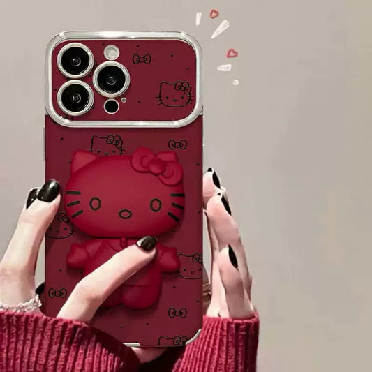 Red rotating Kitty mirror and stand phone case