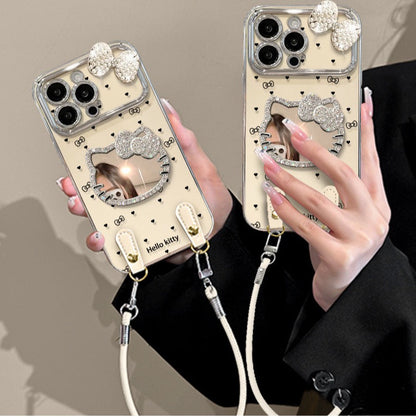 White sparkly Kitty mirror phone case (with wrist strap)