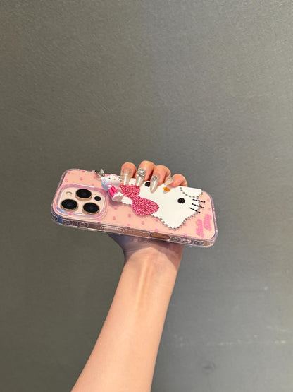 Kitty Pink Polka Dot Bow Rhinestone Clear Cute Kawaii Phone Case