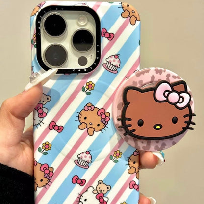Pink and blue striped Kitty cat magnetic holder phone case
