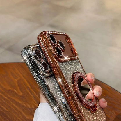 Glitter Diamond Phone Case with Magnetic Makeup Mirror Kickstand For iPhone 17 16 15 14 13 12 11 Pro Max Plus 17Pro 17 Air Shockproof Stand Back Cover