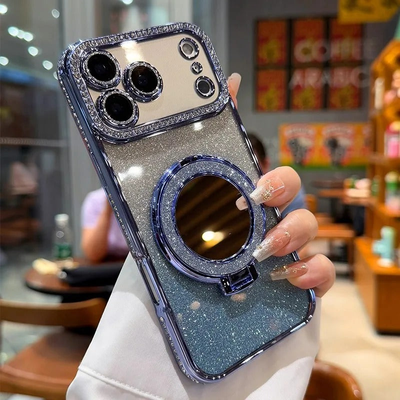 Glitter Diamond Phone Case with Magnetic Makeup Mirror Kickstand For iPhone 17 16 15 14 13 12 11 Pro Max Plus 17Pro 17 Air Shockproof Stand Back Cover
