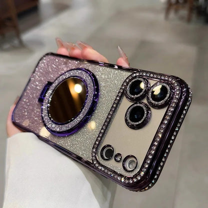 Glitter Diamond Phone Case with Magnetic Makeup Mirror Kickstand For iPhone 17 16 15 14 13 12 11 Pro Max Plus 17Pro 17 Air Shockproof Stand Back Cover