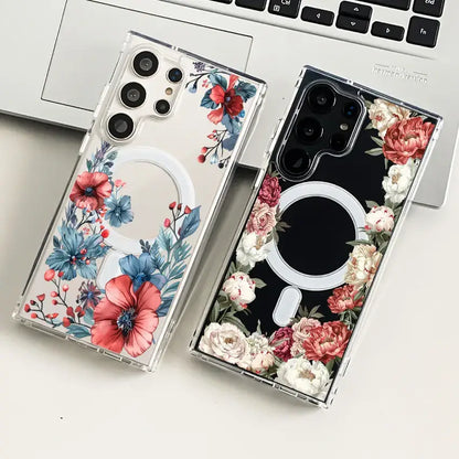Floral Clear TPU Magnetic Phone Case for Galaxy S25 S24 S23 S22 S21 Series