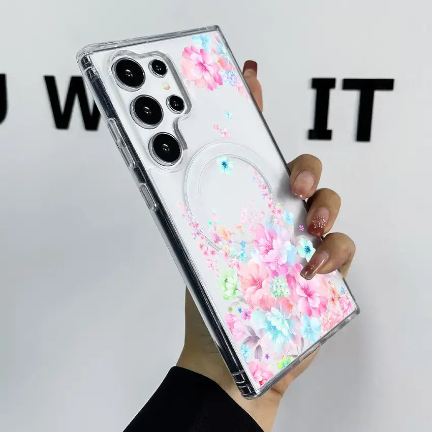 Floral Clear TPU Magnetic Phone Case for Galaxy S25 S24 S23 S22 S21 Series