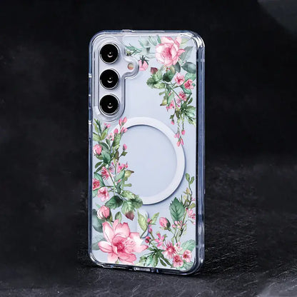 Floral Clear TPU Magnetic Phone Case for Galaxy S25 S24 S23 S22 S21 Series