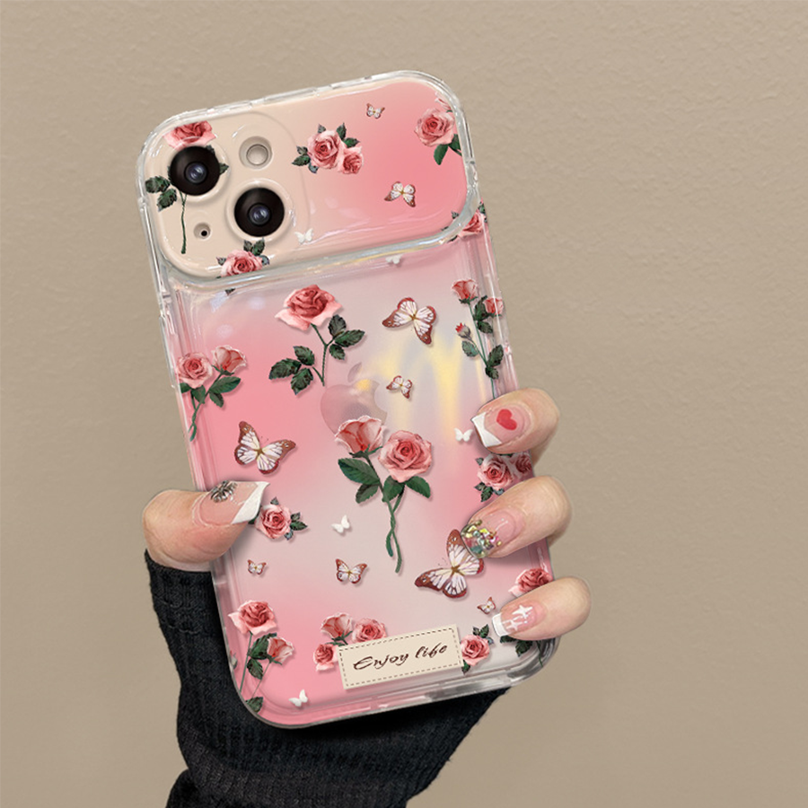 Floral Foldable Mirror Stand Back Cover Glitter iPhone Case