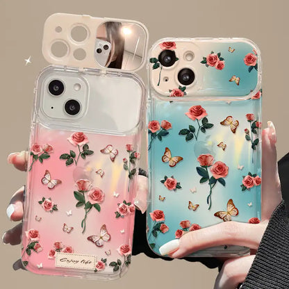 Floral Foldable Mirror Stand Back Cover Glitter iPhone Case