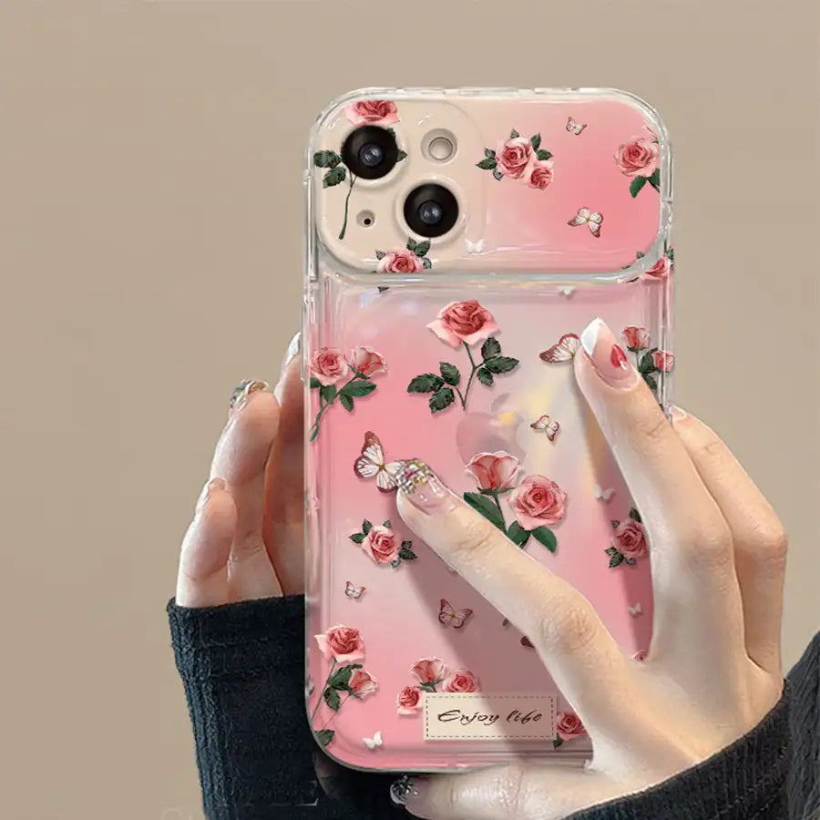 Floral Foldable Mirror Stand Back Cover Glitter iPhone Case