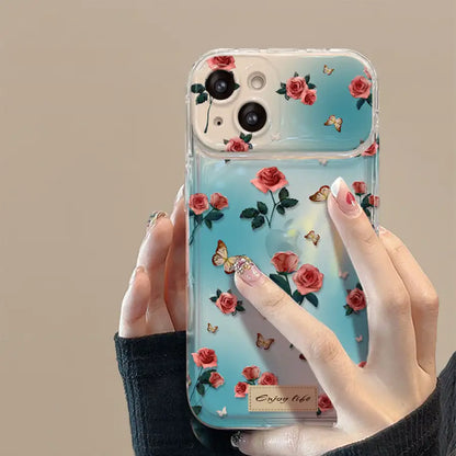 Floral Foldable Mirror Stand Back Cover Glitter iPhone Case