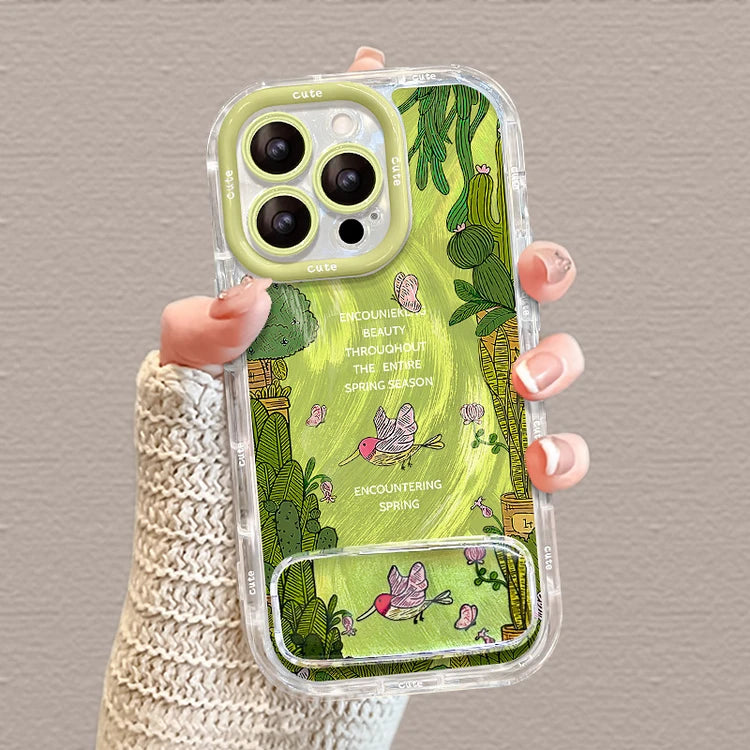 Forest Flower Bird Oil Painting with Mirror Stand Bumper TPU iPhone Case