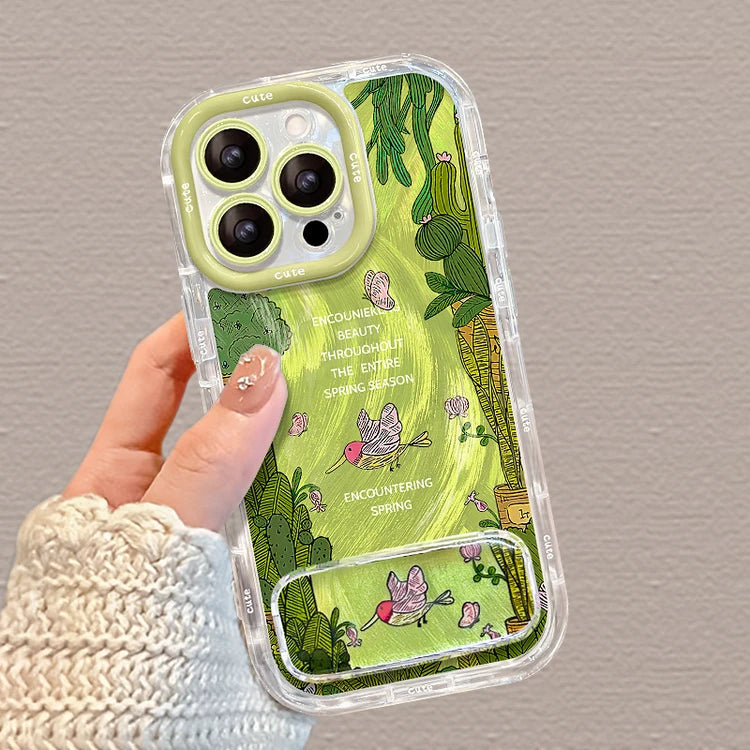 Forest Flower Bird Oil Painting with Mirror Stand Bumper TPU iPhone Case