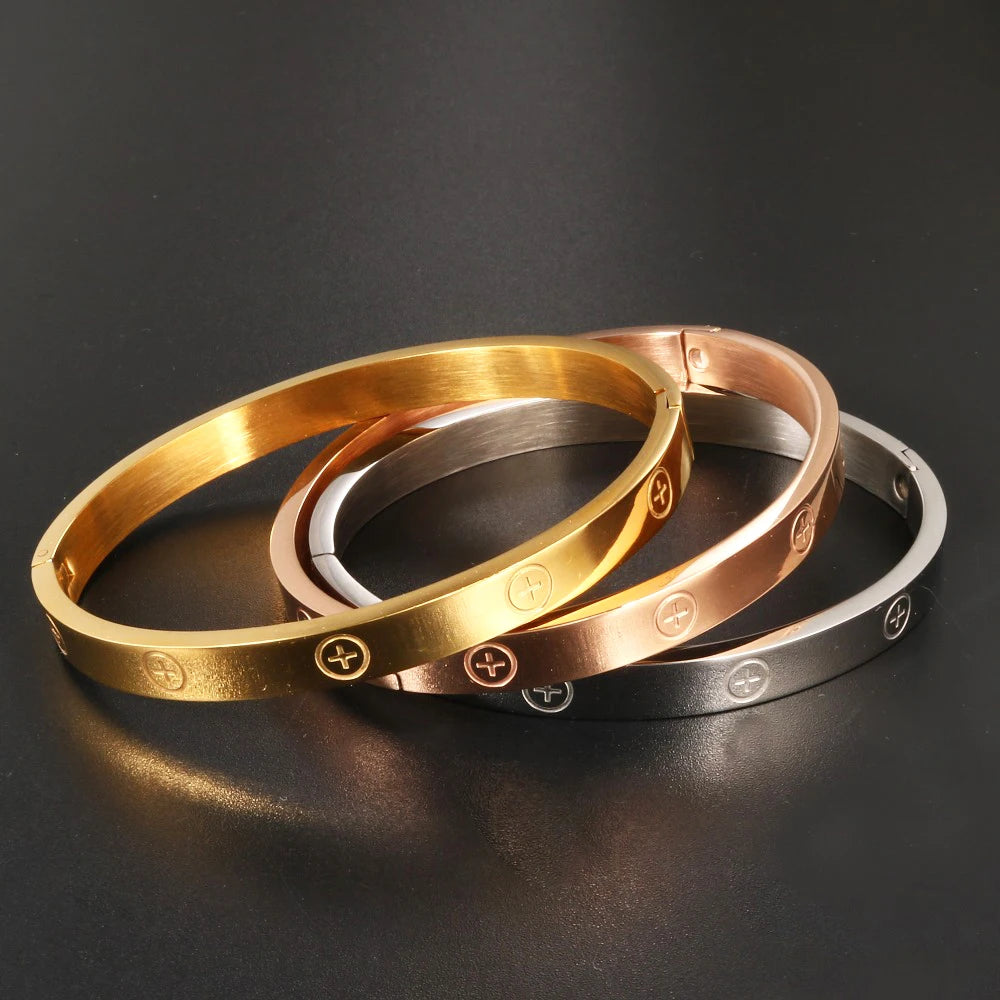 Women Men Couple Jewelry 18K Rose Gold Bracelet Titanium Stainless Steel Gold Plated Cross Bracelets Bangles