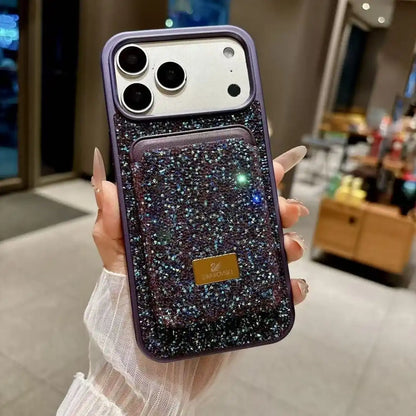 グリッターダイヤモンド マグネット式カードホルダー Magsafe iPhone 用ケース ワイヤレス充電 耐衝撃カバー