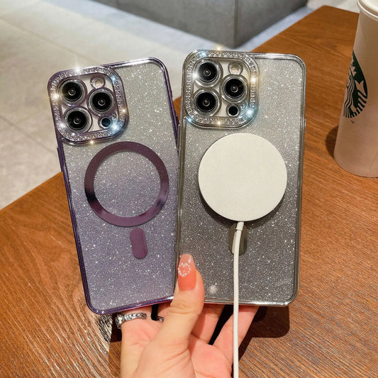 Glitter MagSafe Back Cover iPhone Case With Rhinestone Lens Protector