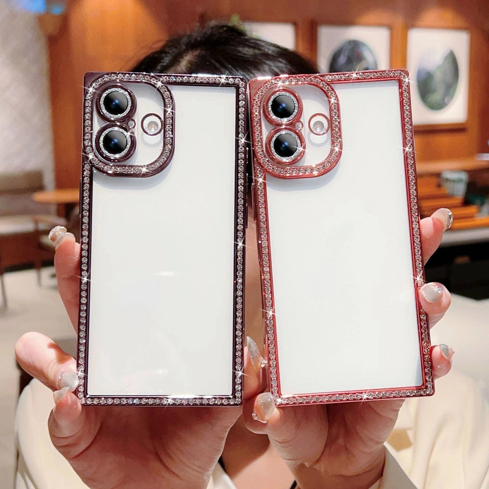 Glitter Rhinestone Square Phone Case For Samsung S25 S24 Ultra Plus Bling Soft Clear Shockproof Cover