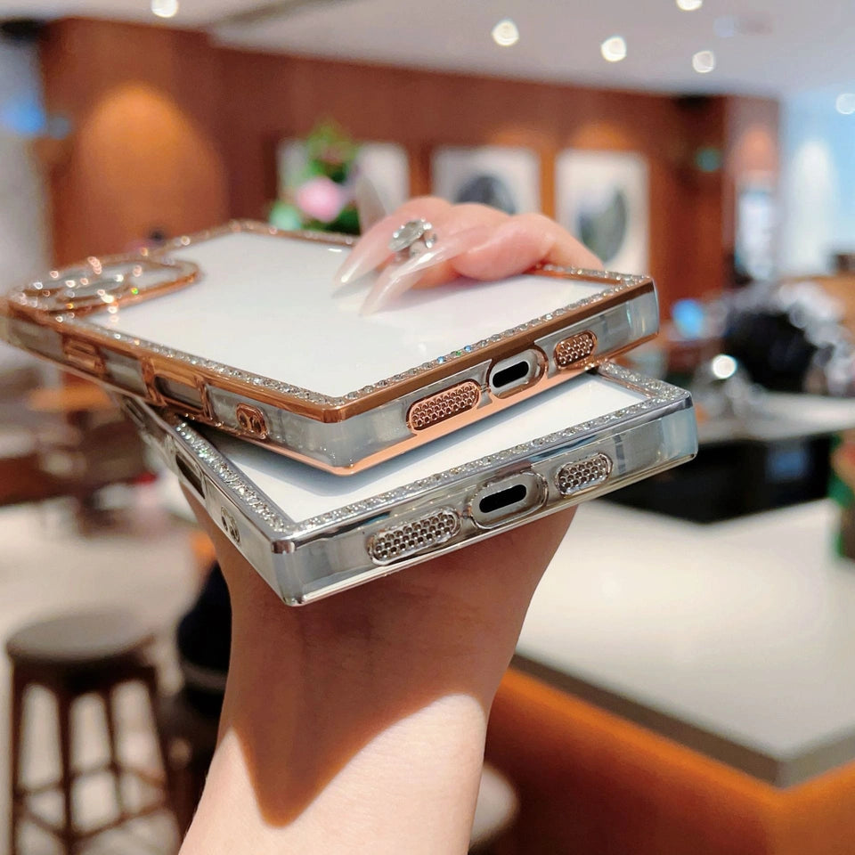 Glitter Rhinestone Square Phone Case For Samsung S25 S24 Ultra Plus Bling Soft Clear Shockproof Cover