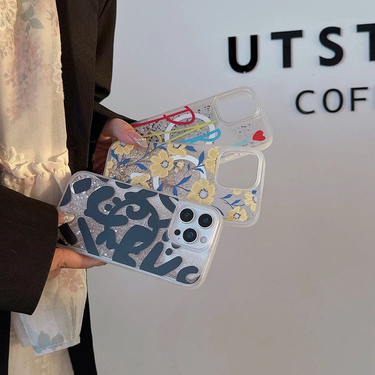 Gold Liquid Sand Pink Quicksand Magnetic Phone Case MagSafe Bumper for iPhone