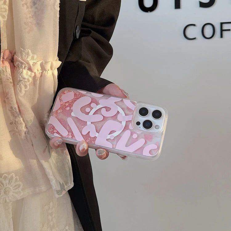 Gold Liquid Sand Pink Quicksand Magnetic Phone Case MagSafe Bumper for iPhone