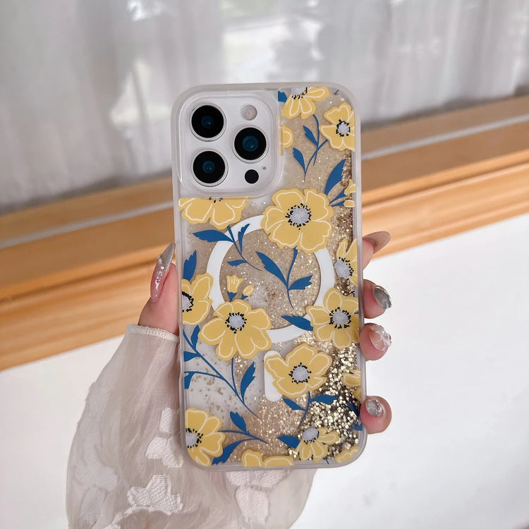 Gold Liquid Sand Pink Quicksand Magnetic Phone Case MagSafe Bumper for iPhone