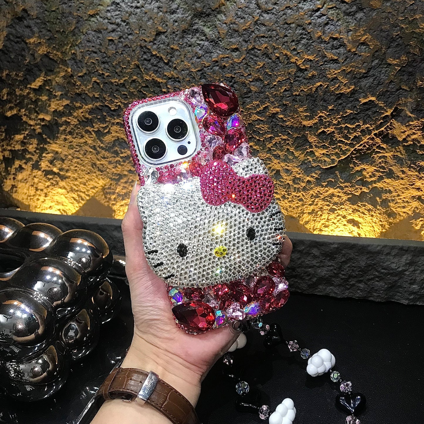 Handmade 3D Kitty Gorgeous Bling Rose Red Gem iPhone Case for iPhone 17 16 15 14 13 12 11 Plus Pro Max