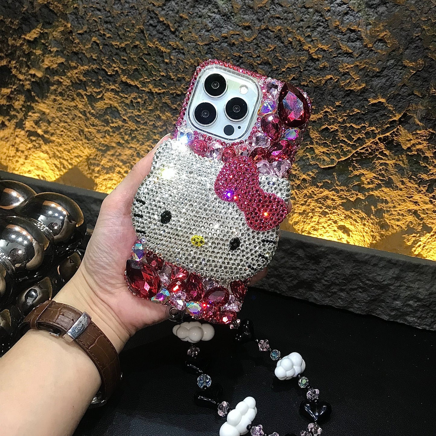 Handmade 3D Kitty Gorgeous Bling Rose Red Gem iPhone Case for iPhone 17 16 15 14 13 12 11 Plus Pro Max