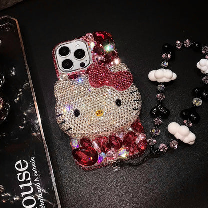 Handmade 3D Kitty Gorgeous Bling Rose Red Gem iPhone Case for iPhone 17 16 15 14 13 12 11 Plus Pro Max
