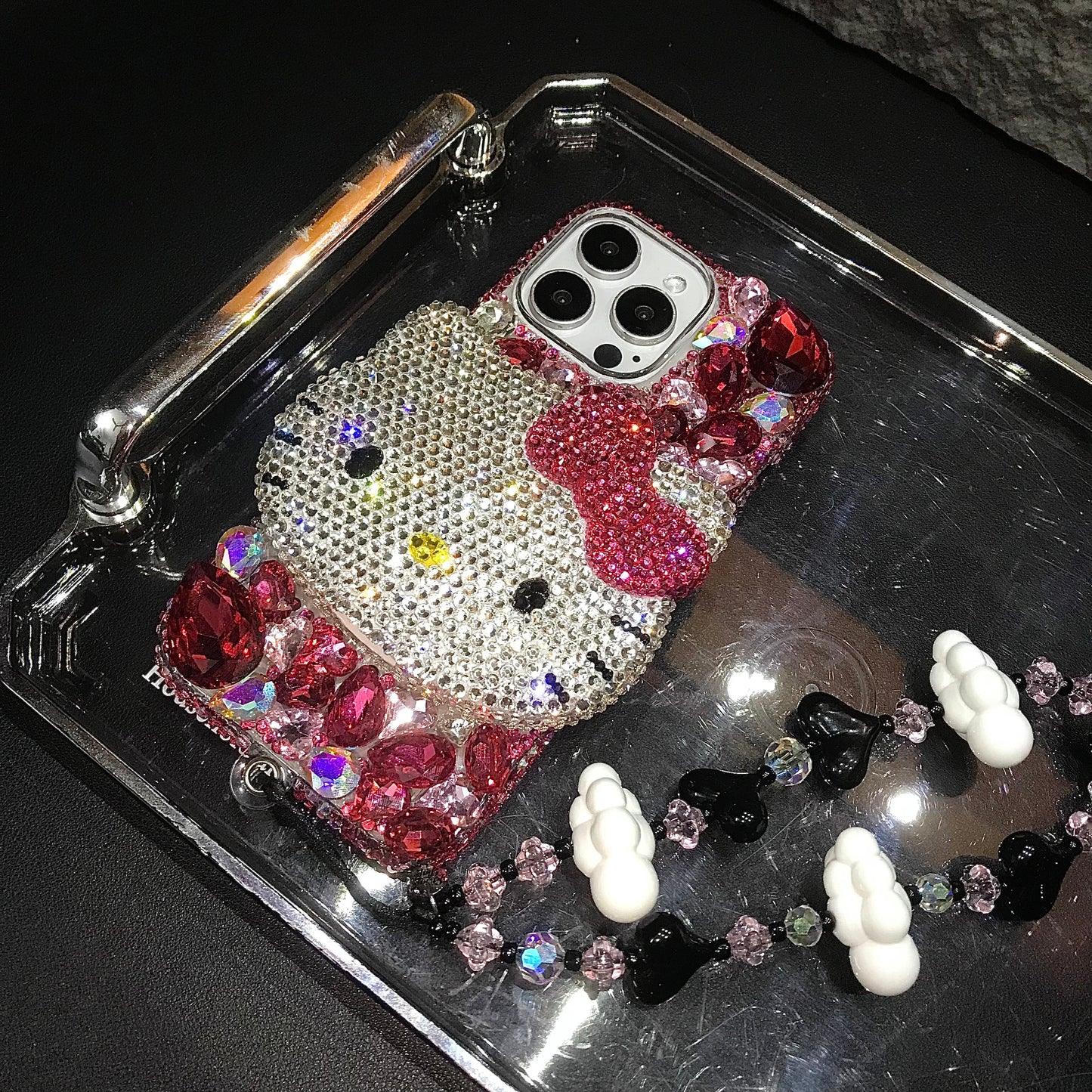 Handmade 3D Kitty Gorgeous Bling Rose Red Gem iPhone Case for iPhone 17 16 15 14 13 12 11 Plus Pro Max